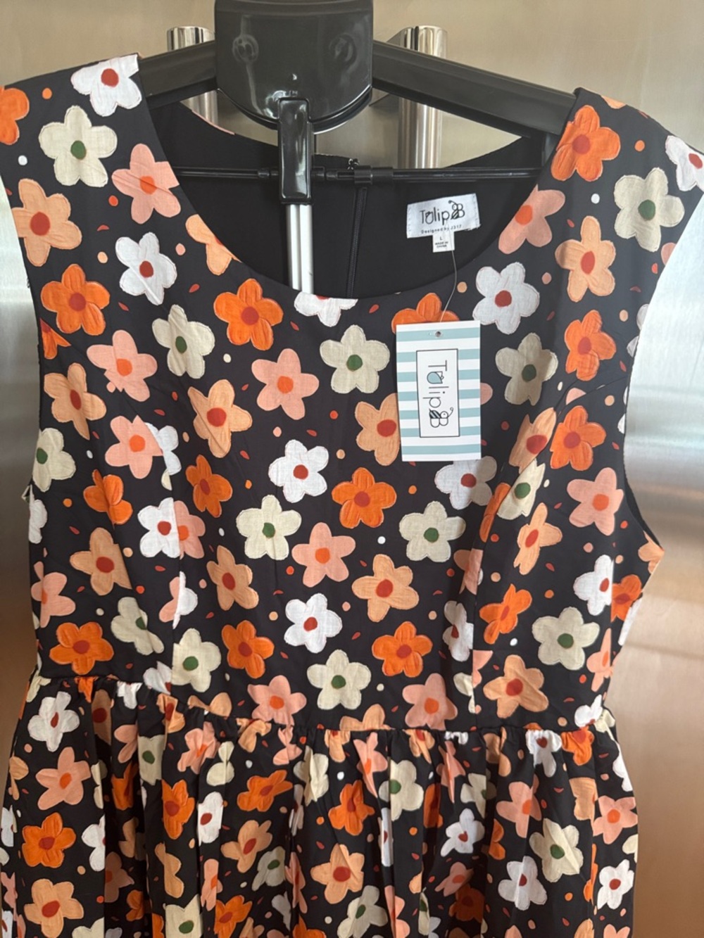 Black Floral Sleeveless women’s Dress with Orange and Cream Flowers - Picture 2 of 11
